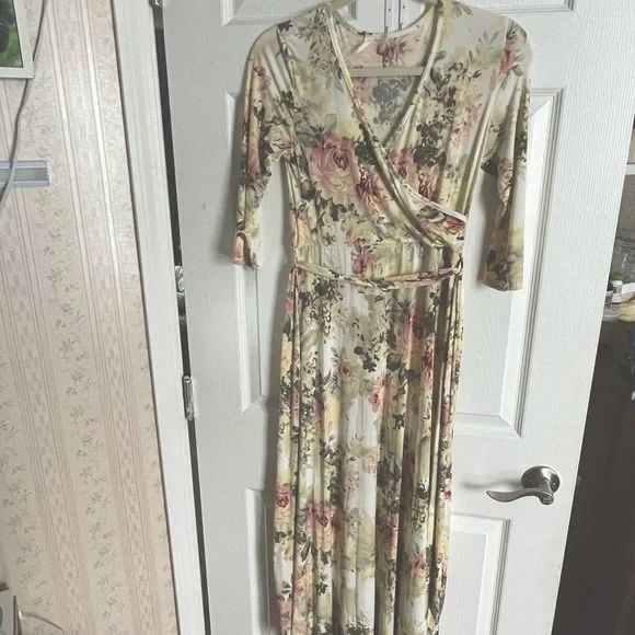 strapless open back dress Pinkblush Taupe Floral Chiffon Maternity Maxi Dress Taupe Small main image 1